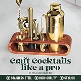 Mixology Bartender Kit: 10-Piece Bar Tool Set with Mahogany Stand | Perfect Home Bartending Kit and Martini Cocktail Shaker Set For a Perfect Drink Mixing Experience | Fun Housewarming Gift (Gold)