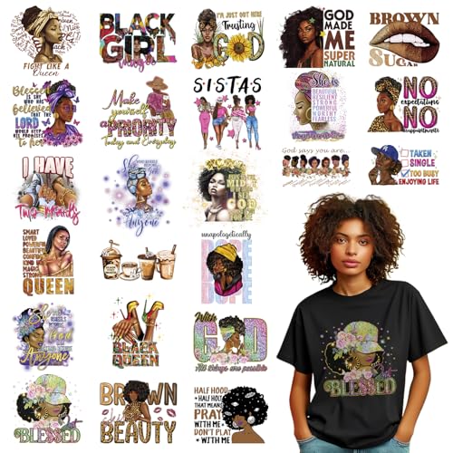 24 Sheets Black Girl Iron on Transfers for T-Shirts, DTF Transfers Ready to Press Black Women Black History DTF Transfers Ready to Press Heat Transfer Vinyl Vinyl Stickers for Clothes Bag Pillow Craft