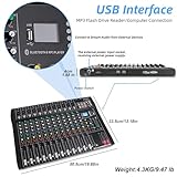 Depusheng DT12 Studio Audio Mixer 12-Channel DJ Sound Controller Interface w/USB Drive for Computer Recording Input, XLR Microphone Jack, 48V Power, RCA Input/Output for Professional and Beginners