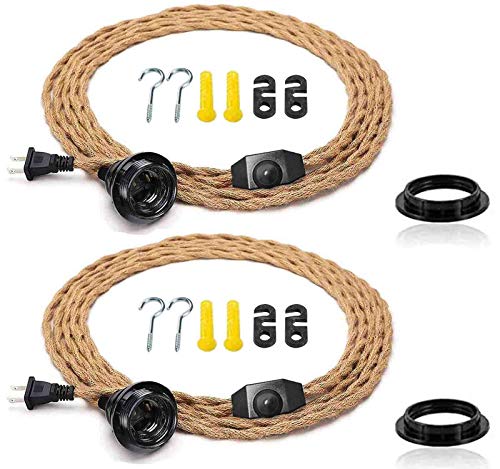 [2Pack 15FT]Pendant Light Cord Kit with Dimmer Switch,Twisted Hemp Rope Vintage Plug in Hanging Lighting,Industrial Lamp Socket Set E26,Extension Hanging Lantern Cable for Farmhouse,Retro DIY Projects