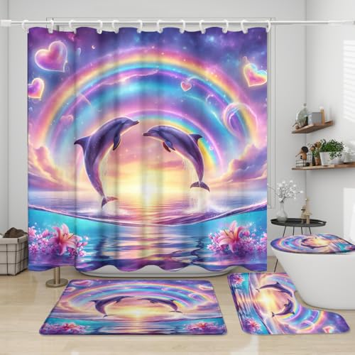 Dreamy Nautical Ocean Dolphins Shower Curtain Sets 4 Pcs,Watercolor Anime Colorful Rainbow Sunset Pink Orchids Dolphins Bathroom Decor with Rugs Include Waterproof Non-Slip Toilet Lid Cover Bath Mat