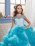 Stunning V-Back Luxury Pageant Tulle Ball Gowns for Girls 2-12 Year Old Blue,Size 12