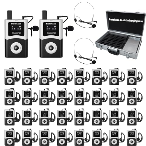 Retekess T130U(4nd Gen T130) Wireless Tour Guide System, Two Way Tour Guide Headsets, 656ft, 40h, U Band, 32-Slot Charge Case, Assistive Listening System for Travel Groups(2 Transmitters 32 Receivers)