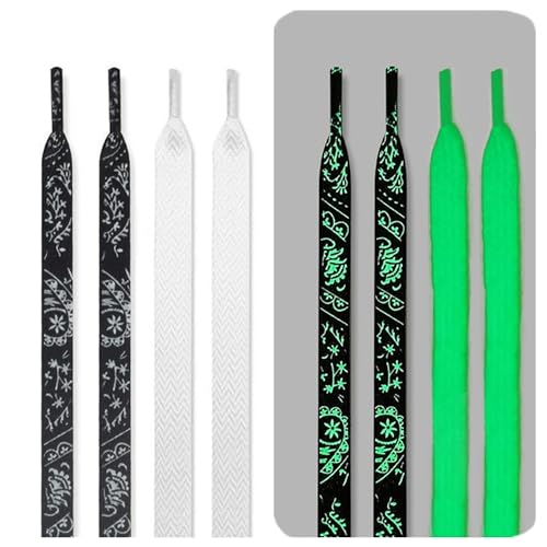 Glow In The Dark Shoe Laces Luminous All Sports Thick Flat Laces for Sneakers Fluorescent Shoestrings (Black With Glow Symbols + Glow White)