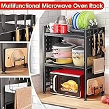 Adjustable Microwave Stand,Microwave Oven Rack Shelf Heavy Duty 3-Tier Shelf with 9 Hooks for Kitchen Shelves Counter Top Organizer, Holds 180lbs Bakers Racks for Kitchens,with Cutting Boards Stand