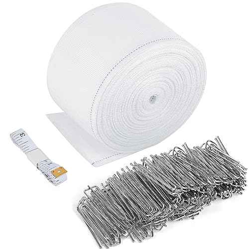 Curtain Pleat Tape with 50 Hooks, 11 Yards /10 Meters Pleater Tape for Curtains, Included 50Pcs Stainless Steel Hooks with 4 Prongs, Pinch Pleat Curtain Tape and Hooks for Making Pleated Curtain