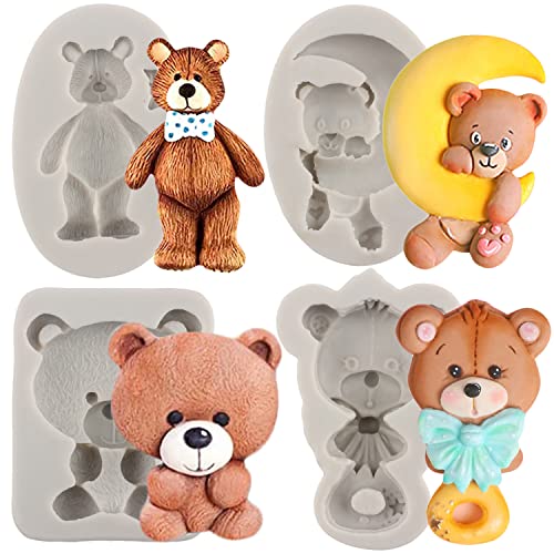 Sijiangmold Bear Fondant Molds Teddy Bear Silicone Molds Bear Chocolate Candy Mold For Birthday Party Cake Decoration Cupcake Topper Sugar Craft Polymer Clay Gum Paste Set Of 4