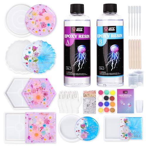 LET'S RESIN Coaster Kit, 16oz DIY Epoxy Resin Kit with Molds and Mica Powder Complete Set, Crafts for Adults, Beginners, Ideal Starter DIY Art Supplies Gift Set for Adults
