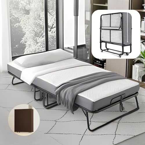 Mutital 79" x 37" Twin Size Folding Bed for Adults with 5.2" Mattress, Sturdy Portable Foldable Bed on Wheels with Storage Cover, Folding Guest Bed, Rollaway Bed with Metal Frame, Cot Size Extra Bed