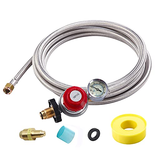 12FT High Pressure Propane Regulator with Hose, Adjustable 0-30 PSI Regulator with Gauge, Stainless Steel Braided Hose, Connect 5-100LB POL Propane Tank to Fire Pit Burner Heater Fryer Smoker Griddle