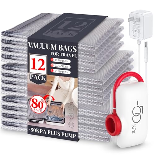 VMstr 12 Pack Vacuum Storage Bags for Travel, Carry-on Size for Luggage Compression Packing, Space Saver with High Pressure Electric Pump(D/C Power)