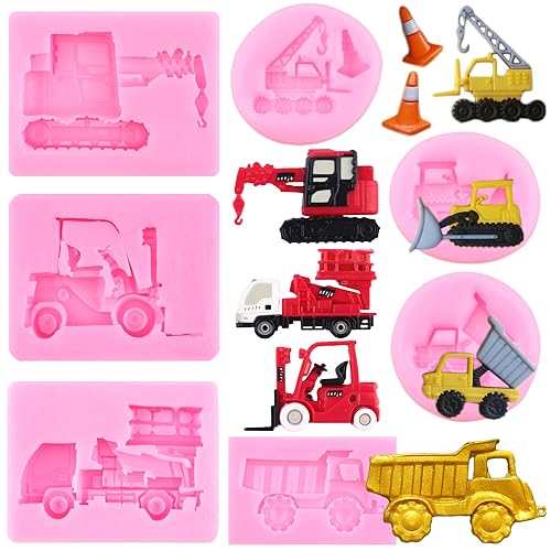 ZiXiang Excavator Fondant Molds Construction Site Bulldozer Crane Forklift Construction Truck Silicone Mold For Baby Birthday Cake Decorating Cupcake Topper Candy Chocolate Gum Paste Set Of 7