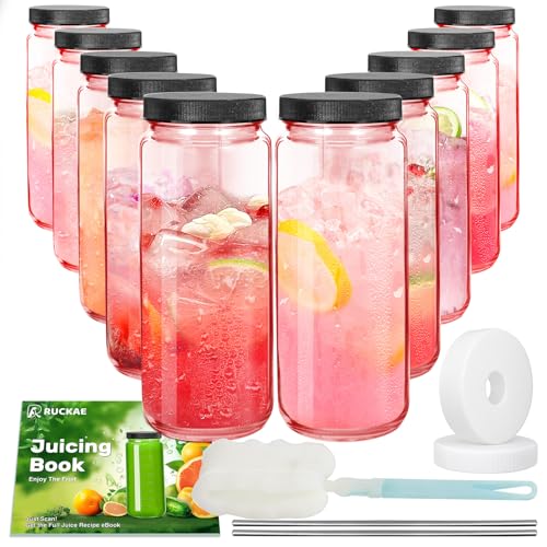 Ruckae Pink 16oz 10 Pack Juice Bottles, Glass Bottles Juicing with Lids, Smoothie Cup Lids and Straws, Water Bottle Mason Jar Drinking Glasses for Juicing, Smoothies, Kombucha