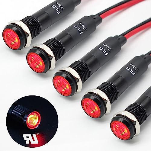 FILN 5Pcs 8MM (5/16'') Indicator Light led Indicator Light 12V 24v Metal Pilot Lamp Light Black Anodized Waterproof ip67 Red Signal Lamp Light(12V-Black Anodized-Red 5Pcs)
