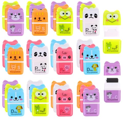 36 Pieces Erasers for Kids Cute Animal Cartoon Eraser with Cover and Roller Cases 6 Patterns Soft Pencil Rubber for Office Back to School Gifts Supplies Animals Themed Fun Party Favor