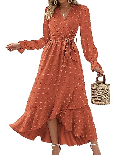 BTFBM Womens Boho Cocktail Maxi Dress Fall Fashion 2025 V Neck Long Sleeve Swiss Dot Flowy Slit Wedding Guest Dresses(Swiss Dot Orange, Small)