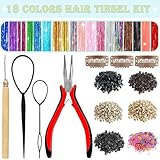 Hair Tinsel,18 Colors Hair Tinsel Kit for Girls 7600 Strands Fairy Tinsel Hair Extensions Holographic Hair Tinsel Heat Resistant Colored Hair Glitter Christmas Party Festival (18 Colors) (18 Colors)