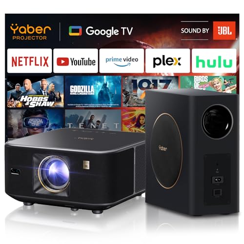 Yaber K3 Pro Projector 1600 ANSI Smart Projector with Google TV, 30W Speaker Sound by JBL & Subwoofer Kit, Dolby Audio, Home/Outdoor Movie Projector with WiFi6 and Bluetooth, Netflix 7000+app