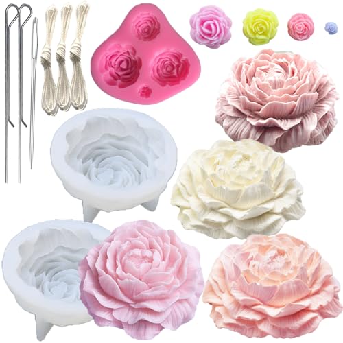 3PCS Rose Peony Flower Silicone Candle Molds 3D Rose Fondant Mold with Large-Eye Wicking Needle,Candlewick Soap Molds Epoxy Resin Casting Candle Molds Chocolate Cake Dessert Decor Art Crafts