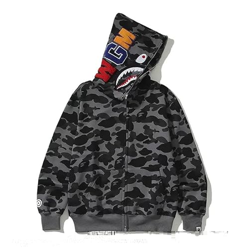 RICK TOP ONE Camouflage Hoodie with Shark Embroidery, Full Zip, Lightweight Couple Sweatshirt (US, Alpha, Small, Regular, Regular, Dark Grey)
