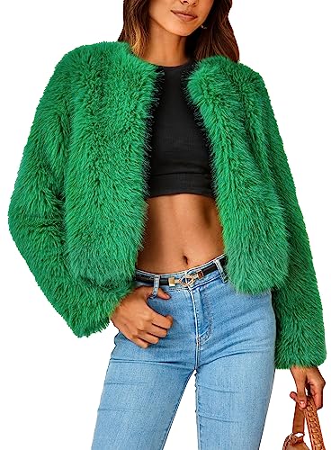 PRETTYGARDEN Women's 2025 Winter Coats Fleece Cropped Jacket Faux Fur Long Sleeve Pockets Shaggy Warm Outerwear Fall Clothes (Green,Large)