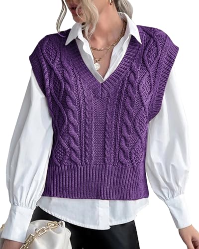 Sweater Vest Women Y2K Plaid Knitted Streetwear Preppy Style V Neck Crop Knitwear Tank Top for Girl Dark Purple M