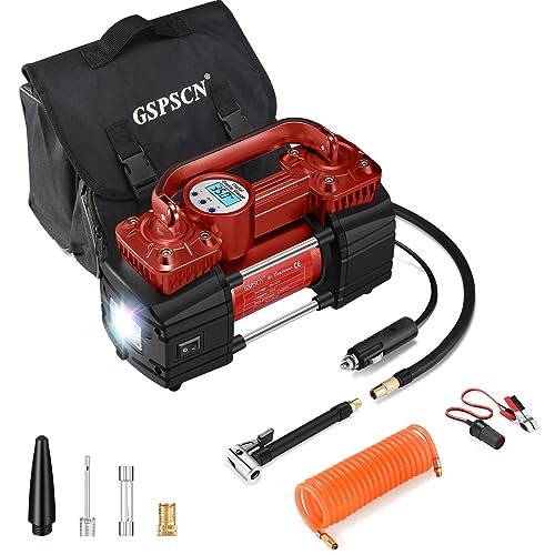 GSPSCN Portable Digital Car Tire Inflator with Gauge 150Psi Auto Shut-Off, Heavy Duty Double Cylinders 12V Air Compressor Pump with LED Light for Auto,Truck,Car,Bicycles,RV,SUV,Balls etc. (RED)