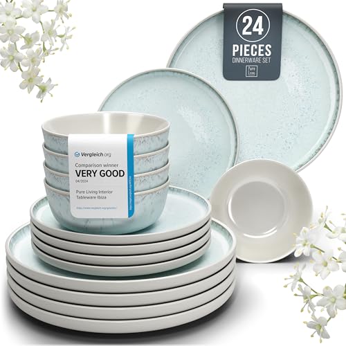 24 Piece Dinnerware Sets for 8 - Modern Style Stoneware Dinnerware Set - Microwave Safe Dinner Plates and Bowls Sets for 8, Ceramic Dish Set, Bowl and Plate Sets for 8, Beige Light Blue Set for 8…