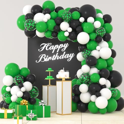 Green White Black Balloon Garland Arch Kit - Green Black White Balloons Soccer Ball Birthday Party Decorations for Video Game Football Birthday Safari Jungle Baby Shower Graduation Party Decors