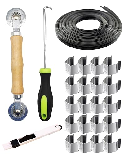 Screen Door Tool Kit - Screen Installer Clips with Screen Spline(32 ft) and Screen Rolling Tool and Removal Door Hook Screen Repair of Kit Mechanic Tools Set for Installing Window (5 in 1-20 Clips)