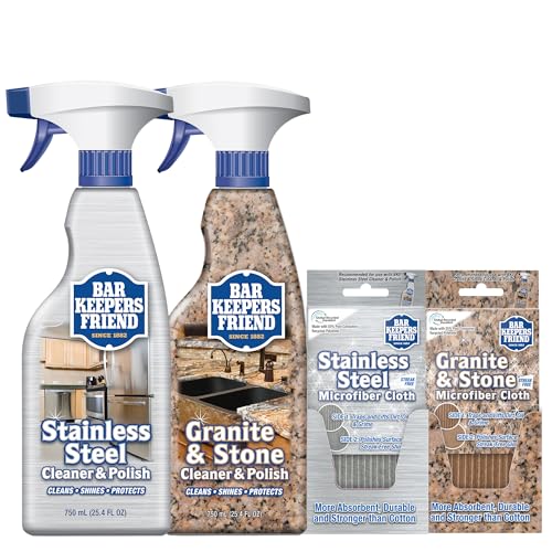 Bar Keepers Friend Granite & Stone + Stainless Steel Cleaner and Polish Plus Microfiber Cleaning Cloths, Cleaning Kit to Remove Oily Fingerprints, Grime and Food Debris without Dulling Surfaces