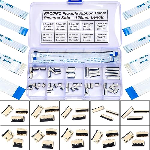 Kidisoii 0.5mm Flexible Flat Cable Connectors Kit, 4/6/8/10/12/14/16/20/30/40Pin FFC FPC Ribbon Sockets Connector with Length of 150mm FPC FFC Flexible Ribbon Cable Reverse Side (0.5mm-RS-Kit)