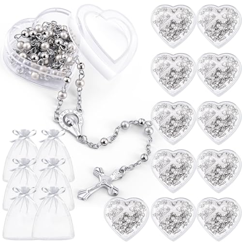 ROCEEI 50 Pcs Catholic Rosary Necklace 4 mm Glass Beads Rosary Favors Crucifix Prayer with Faux Pearl with Heart Shaped Box and Organza Bag for First Communion Baptism (White)