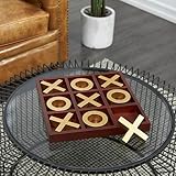 Deco 79 Wooden Tic Tac Toe Game Set with Gold X and O Pieces, 14" x 14" x 2", Brown