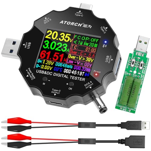 USB C Power Meter USB Tester, USB Multimeter 3.6-32V 0-5A Voltage Current Capacity Amp Volt Voltmeter Ammeter Detector Digital Tester with USB Load Tester Alligator Clip Cable for Chargers Power Bank