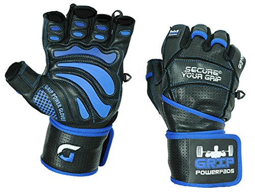 Grip Power Pads Elite Leather Gym Gloves with Built-in 2” Wide Wrist Wraps - Leather Glove Design for Weight Lifting, Power Lifting, Bodybuilding & Strength Training Workout Exercises (Blue Large)