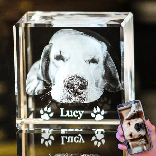 zeiniyio Personalized Pet 3D Crystal Photo，Pet Memorial Gifts for Dogs Cats Horses，Custom 3D Pictures,Engraved Crystal in Memory of Dog, Customized Pet Gifts