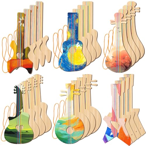 Syhood 24 Pcs DIY Wood Guitar Cutouts for Kids, 12 x 6.5 Inches Wood Guitars Cutouts for Boy Girls, Bamboo Musical Instrument for Painting, Suitable for Crafts Class, Birthday, Theme Party(Classic)