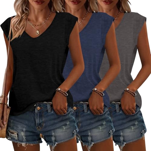 Womens 3 Pack T Shirts Cap Sleeve Tees U Neck Tank Tops Fashion Loose Fit Casual Summer Outfits Soft Clothes 2025 Black Blue Gray,Medium