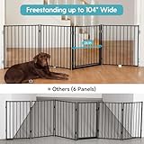 No Pawblems Free Standing Dog Gate with Door, 30'' Tall Foldable Dog Fence for Indoor & Outdoor, Up to 104 Inch Extra Wide Puppy Gate for Stairs, Hallways, Doorways, Deck, Yard (Black, 4 Panels)