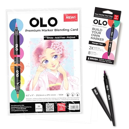 OLO marker OLO Manga Brush Marker Set 1 Bundle. Includes Paper (25 Sheets), Manga Alcohol-Based Art Markers Set 1 and 2 Handles. Perfect for Manga Illustration, Comic, Drawing & Sketching.