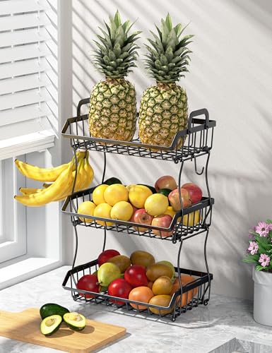 OKZEST 3-Tier Fruit Basket for Kitchen Counter with 2 Banana Hangers, Countertop Organizer Fruit Bowls, Fruit Storage Basket Stand with Handle for Storage Potato Onion Bread Snack Fruit Veggie