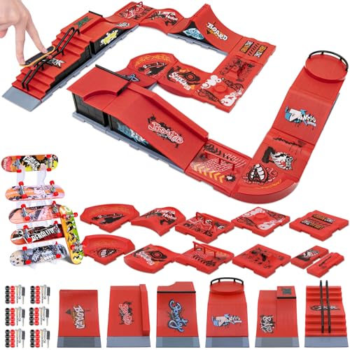 HMEEN Finger Skateboards Ramp Set, 6 in 1 Fingerboard Skatepark Deck with 11 Connect Plate, Fingerboard Half Pipe Ramp for Kids Adults Fingerboard Training Props Interactive Freestyle Skate Game, Red