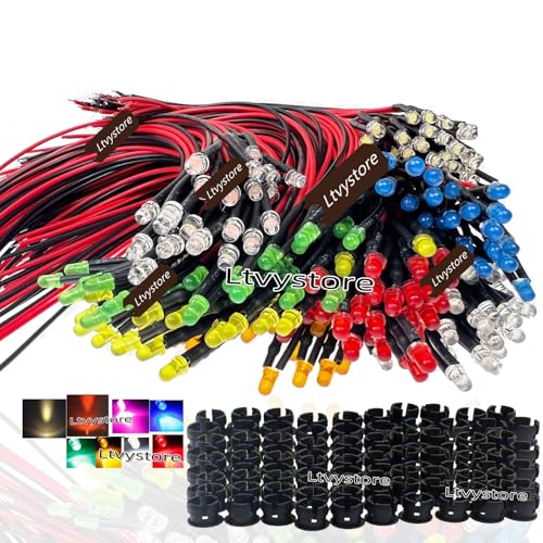 Ltvystore 200Pcs 3MM 3V 8 Colors LED Pre Wired Prewired Lamp Light Bulb Prewired Emitting Diode + 80Pcs Black 3MM LED Plastic Clip Holder Display Panel