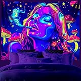 AOHMPT Blacklight Tapestry, Glow In The Dark Tapestry, UV Reactive Cool Girl Tapestry, Mushroom Wonderland Tapestry, Rabbits Wall Hanging for Bedroom, Dorm and Living Room Wall Decoration 59L x 51W