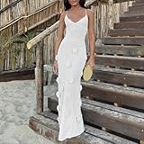 Faretumiya Women Crochet Maxi Dress Spaghetti Strap Knit 3D Flower Bodycon Long Dress Backless See Through Beach Cover Up Dress(898 White,Small)