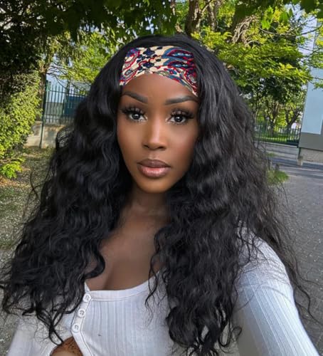 Aminow Long Wavy Headband Wig Water Wave Synthetic Wig Loose Curly Glueless Half Wigs for Black Women Soft & Realistic as Human Hair Natural Black 26 Inch