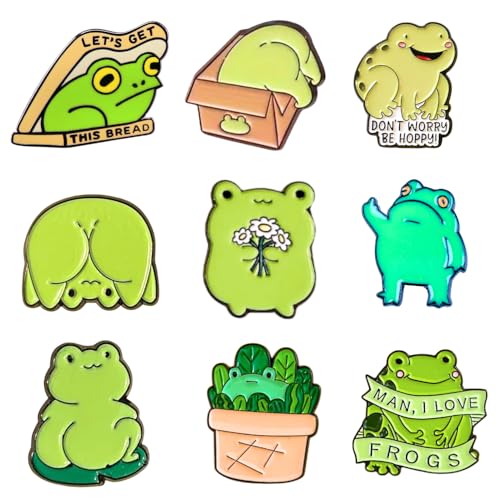 9PC Frog Pins Enamel Cute Funny Frogs Mushroom Enamel Brooch Button Pin Set For Backpacks Tote Bag Hat Jackets Adults Meme Cartoon Animal Work Novelty Fun Funky Weird Green Accessories Gifts