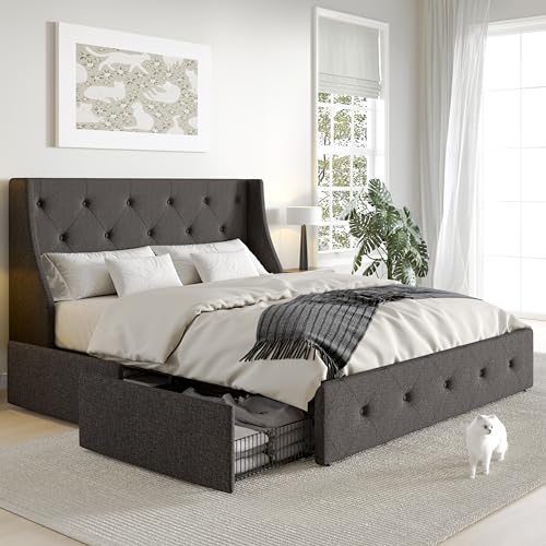SHA CERLIN Queen Platform Upholstered Bed Frame with 4 Storage Drawers and Wingback Headboard, Diamond Stitched Button Tufted Design, No Box Spring Needed, Dark Grey