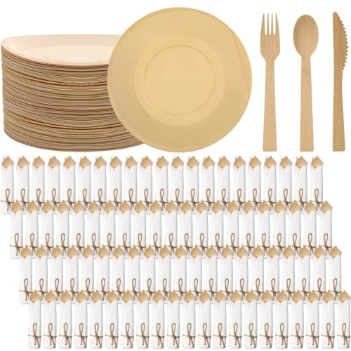 Layhit 100 Set Bamboo Cutlery and Pre Rolled Napkin Disposable Cutlery Utensils with Forks, Knives, Spoons, Napkins for Wedding, Party, Baby Shower, Outdoor Events